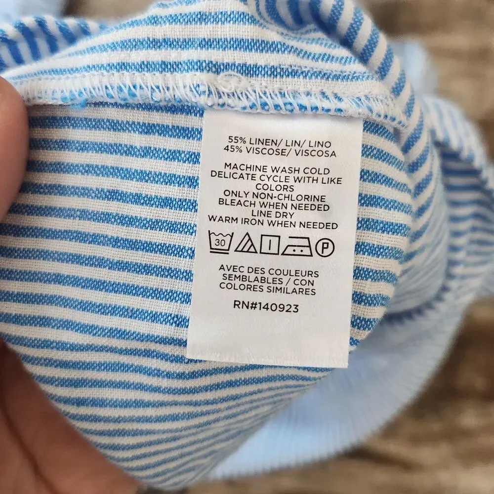 LOFT Linen Blouse Womens Large Blue Stripe One Shoulder Puff Sleeve Coastal